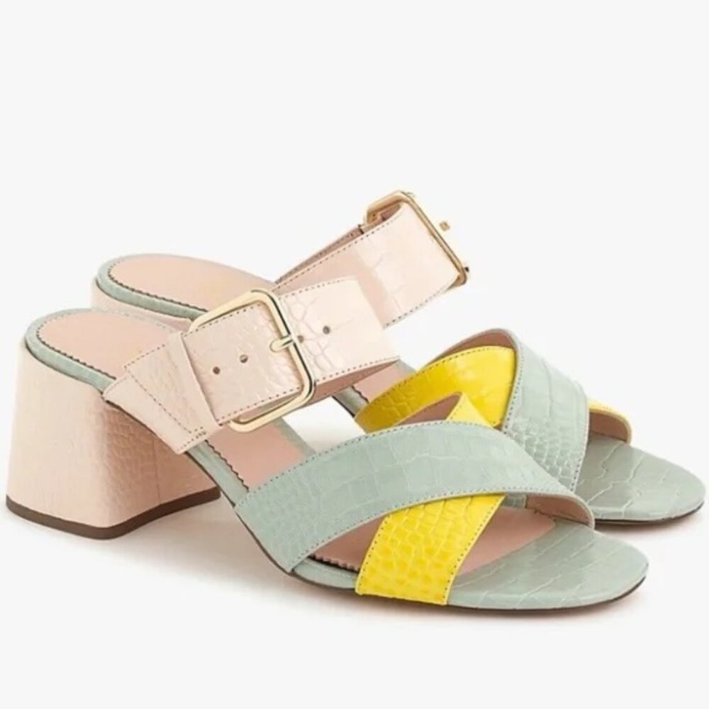J.Crew Colorblock Croc Embossed Strappy Block Heel Sandals Size 10 Mint Yellow B